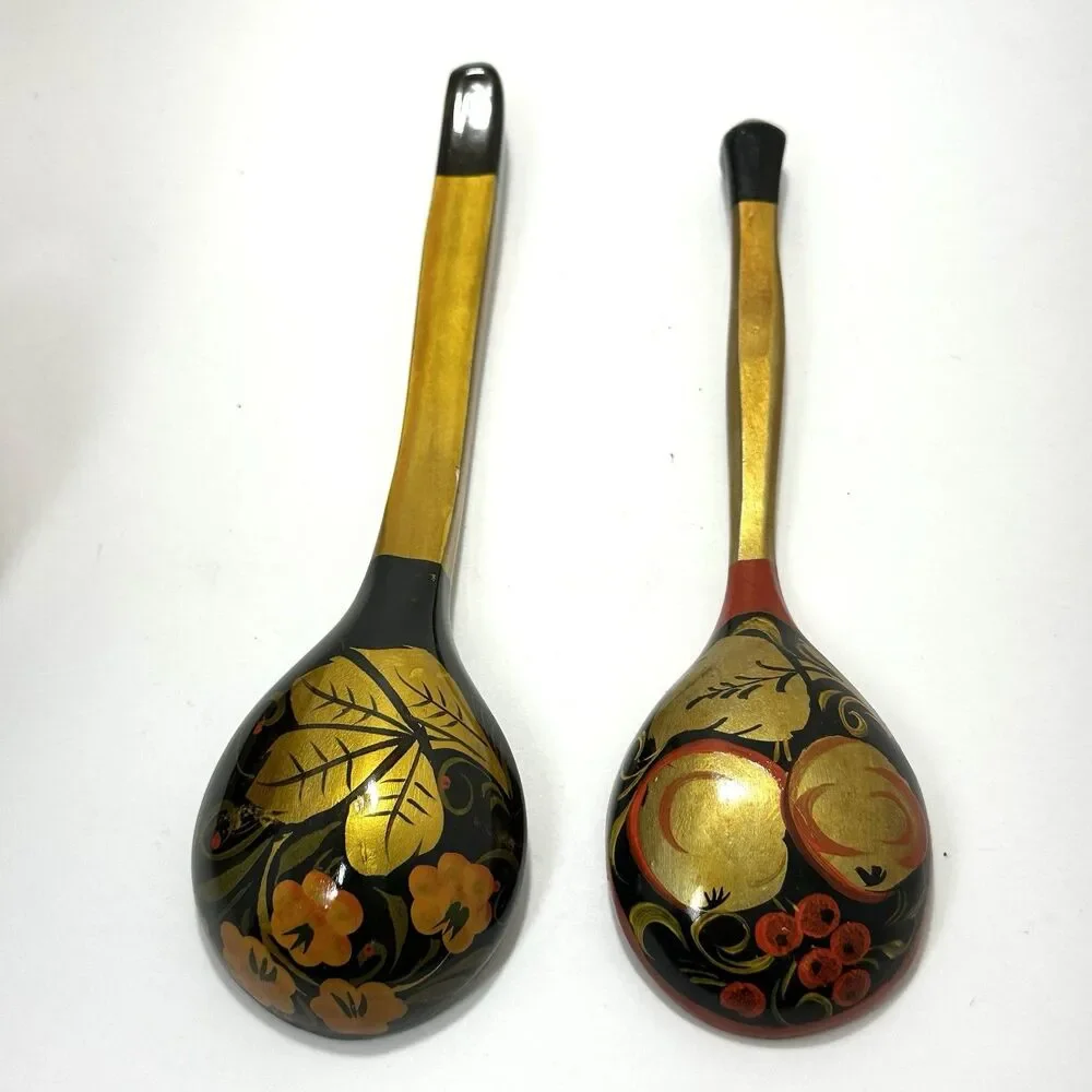 Russian Khokhloma Hand-Painted Lacquered Wood Bowl + Spoon Set Folk Art